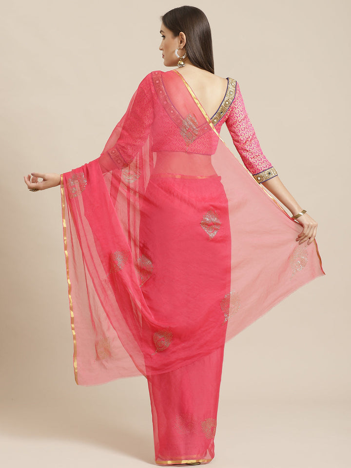 Chiffon Saree with Mukaish Embroidery In Peacock Pattern & Zari Border, Benarasi Blouse