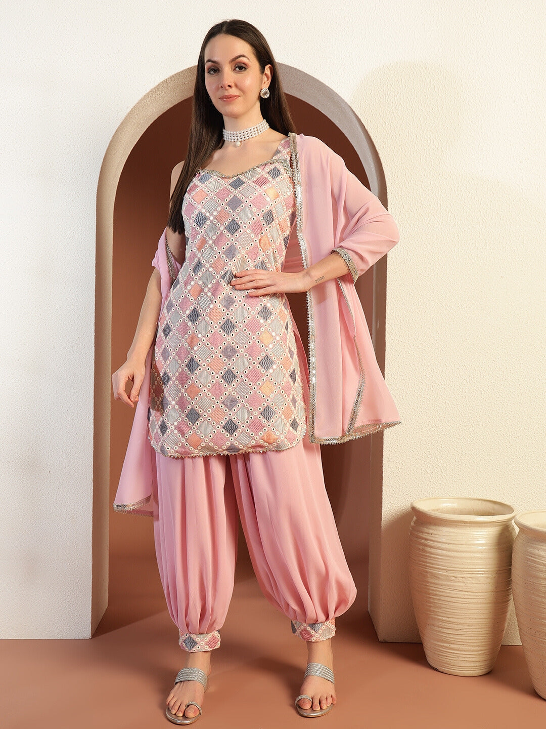 Kantha Thread Embroidered Kurta Set with Mirror Embellishments & Afghani Salwar