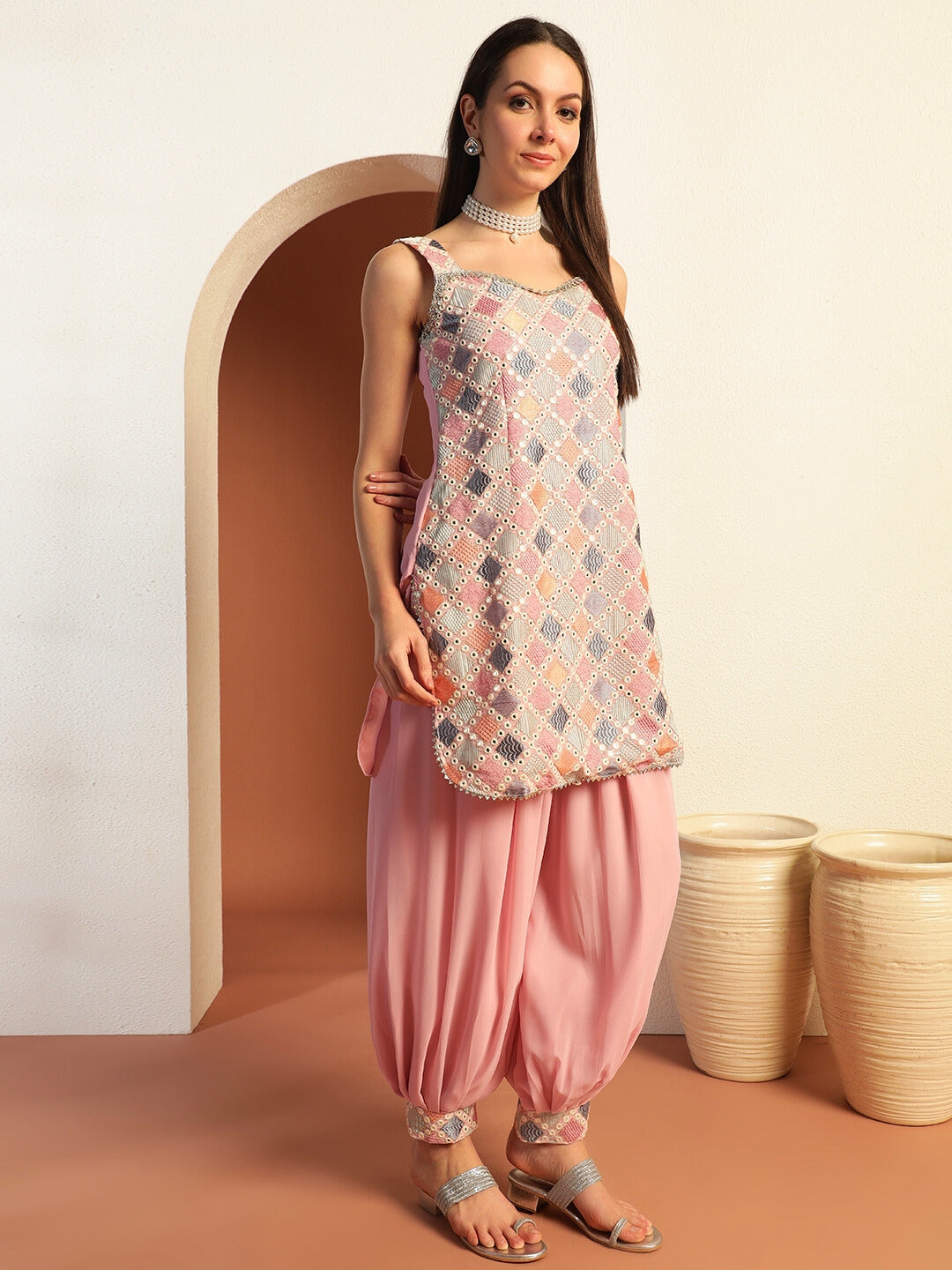 Kantha Thread Embroidered Kurta Set with Mirror Embellishments & Afghani Salwar
