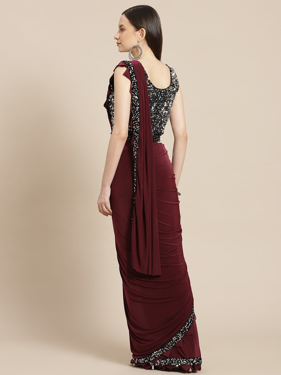 Ruffled Pre-Draped Ready to Wear Burgundy Sequin Embellished Saree with Floral Belt
