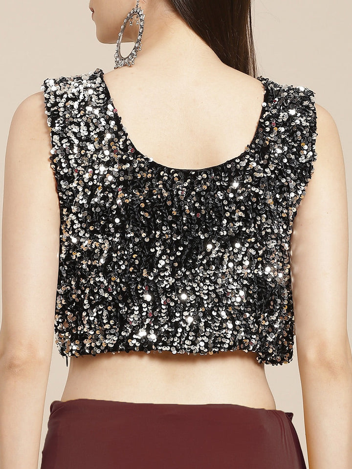 Ruffled Pre-Draped Ready to Wear Burgundy Sequin Embellished Saree with Floral Belt