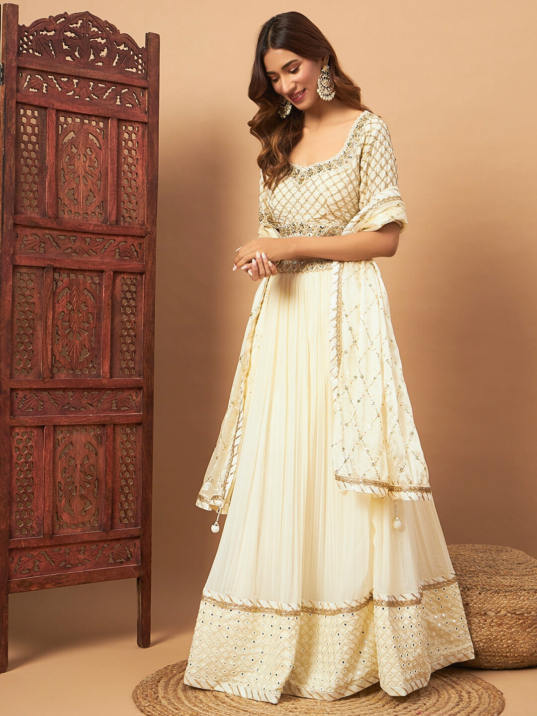 Cream Mirror Embellished Flared Lehenga Set & Sequin Embroidered Chinon Dupatta