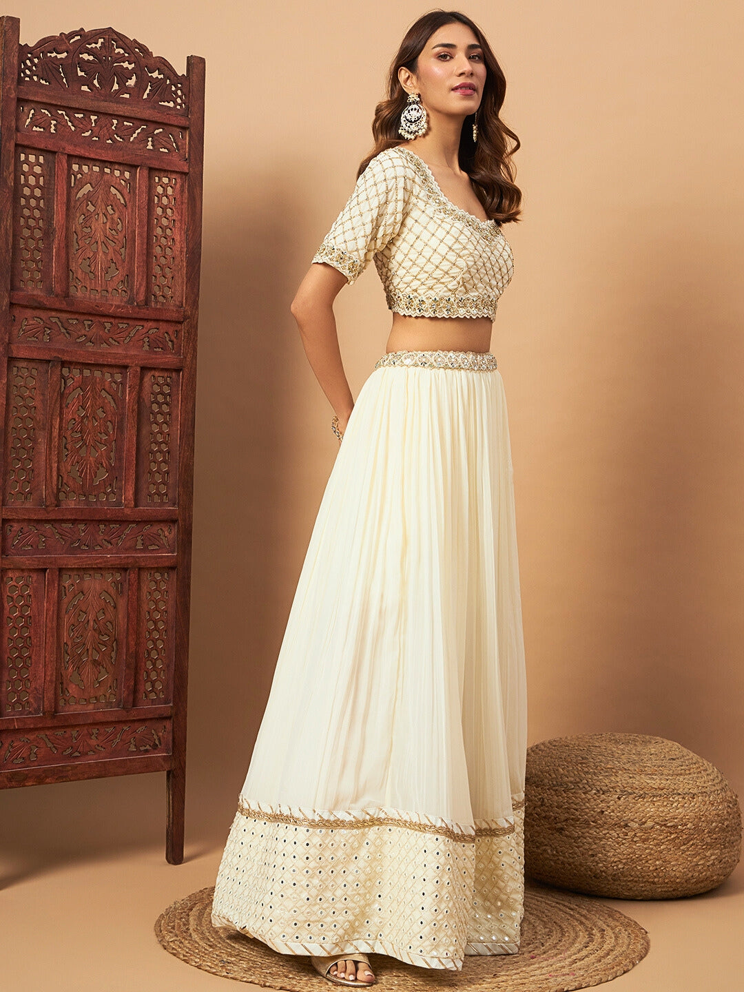 Cream Mirror Embellished Flared Lehenga Set & Sequin Embroidered Chinon Dupatta