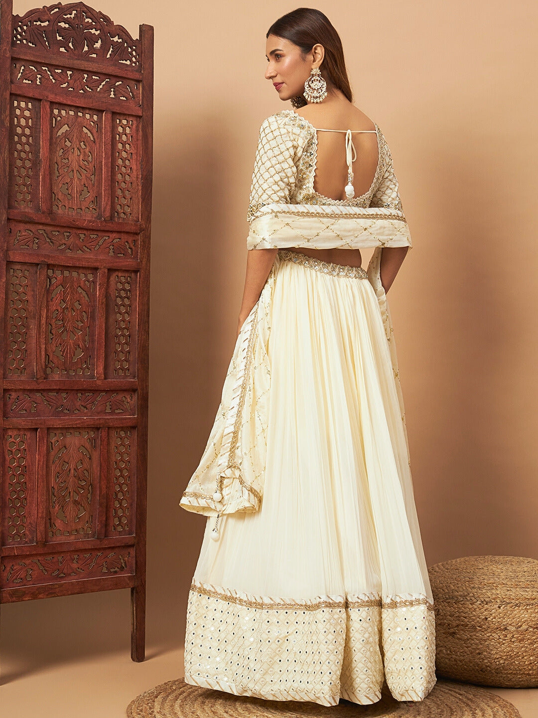 Cream Mirror Embellished Flared Lehenga Set & Sequin Embroidered Chinon Dupatta