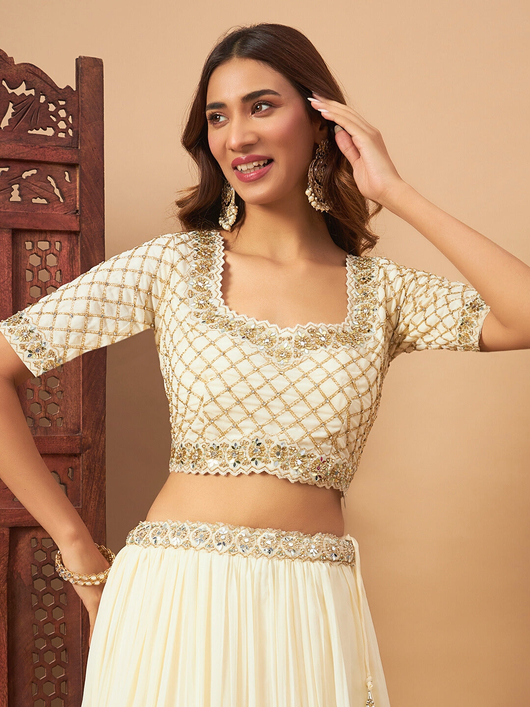 Cream Mirror Embellished Flared Lehenga Set & Sequin Embroidered Chinon Dupatta