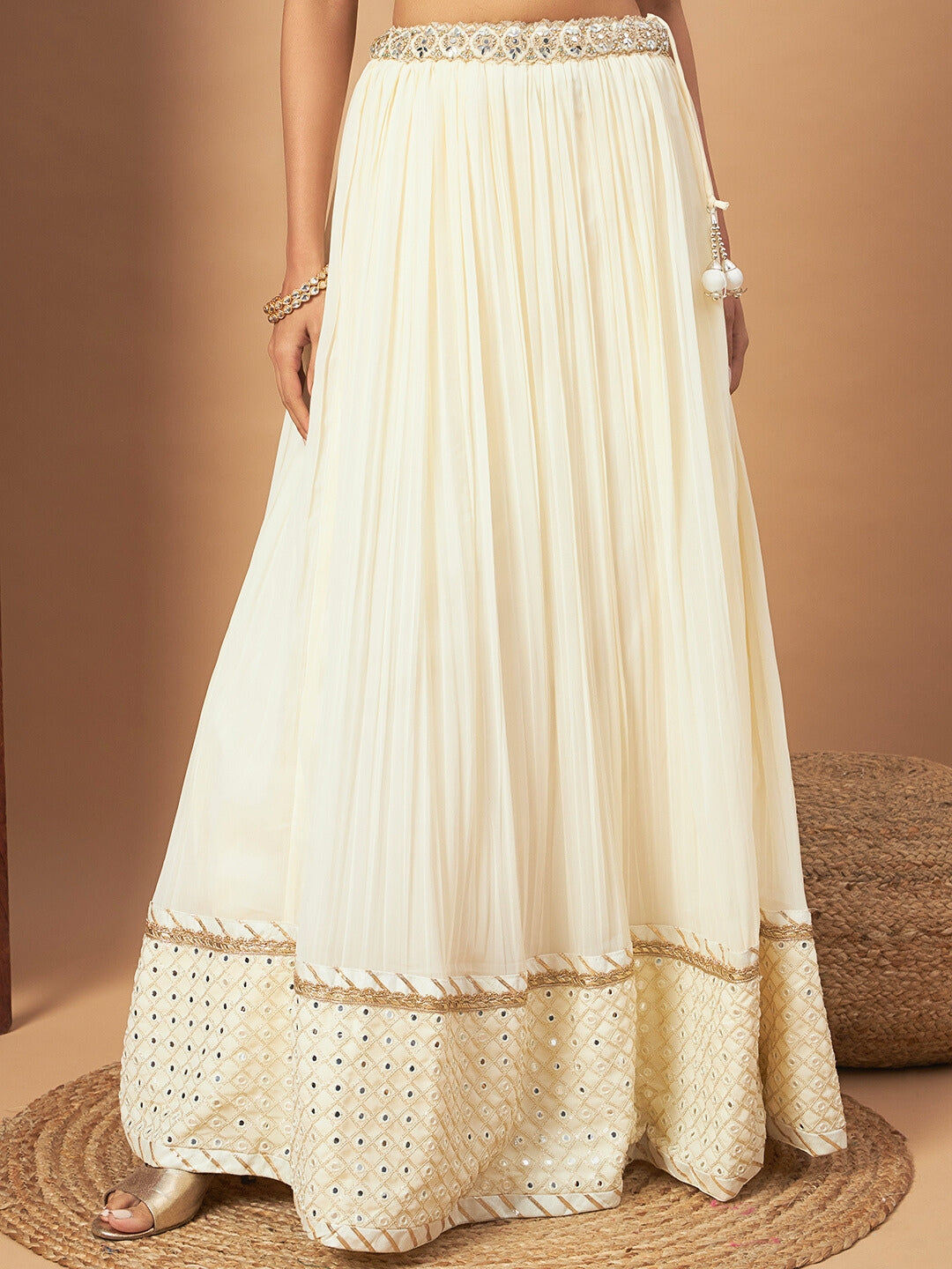 Cream Mirror Embellished Flared Lehenga Set & Sequin Embroidered Chinon Dupatta