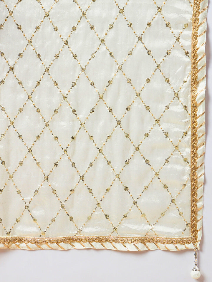 Cream Mirror Embellished Flared Lehenga Set & Sequin Embroidered Chinon Dupatta