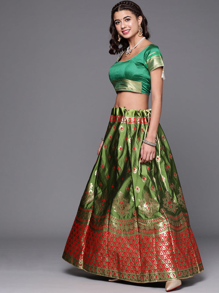 Mehndi green Semi Stitched Banarasi Brocade Silk Lehenga with Zari & Resham Weaving