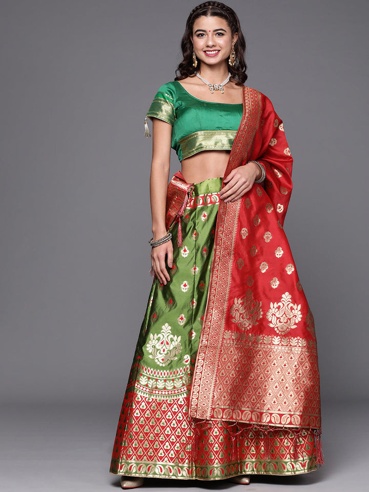 Mehndi green Semi Stitched Banarasi Brocade Silk Lehenga with Zari & Resham Weaving