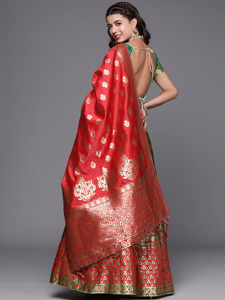 Mehndi green Semi Stitched Banarasi Brocade Silk Lehenga with Zari & Resham Weaving