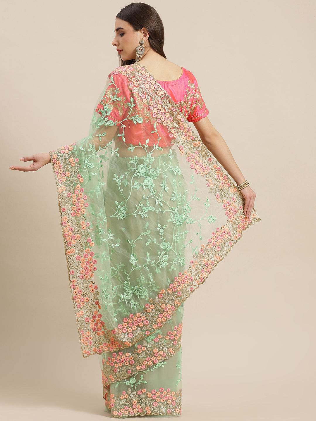 Pastel Net Zari & Resham Floral Saree With Crystal & Cutwork Border