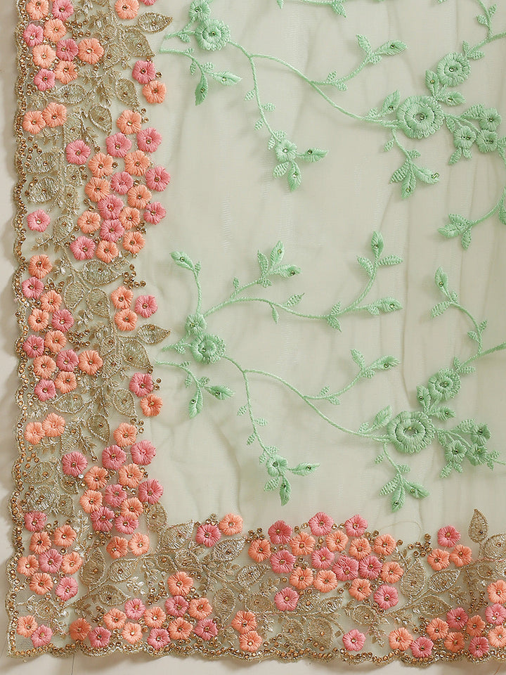 Pastel Net Zari & Resham Floral Saree With Crystal & Cutwork Border