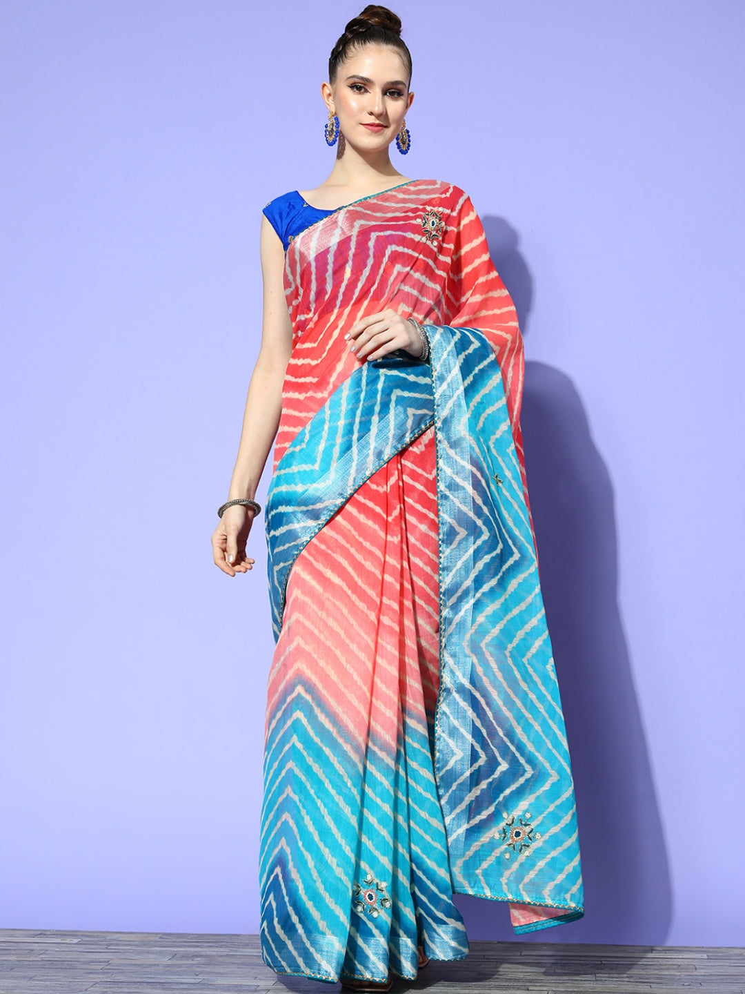 Blue Ombre Chevron Print & Floral Cutdana Embellished Saree
