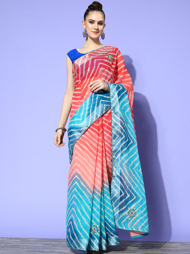 Blue Ombre Chevron Print & Floral Cutdana Embellished Saree
