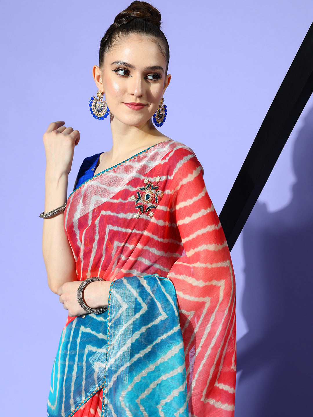 Blue Ombre Chevron Print & Floral Cutdana Embellished Saree