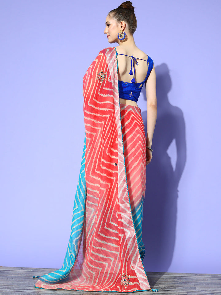 Blue Ombre Chevron Print & Floral Cutdana Embellished Saree