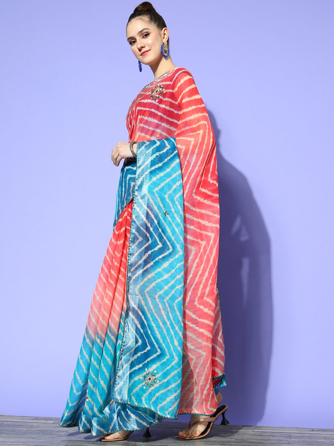 Blue Ombre Chevron Print & Floral Cutdana Embellished Saree