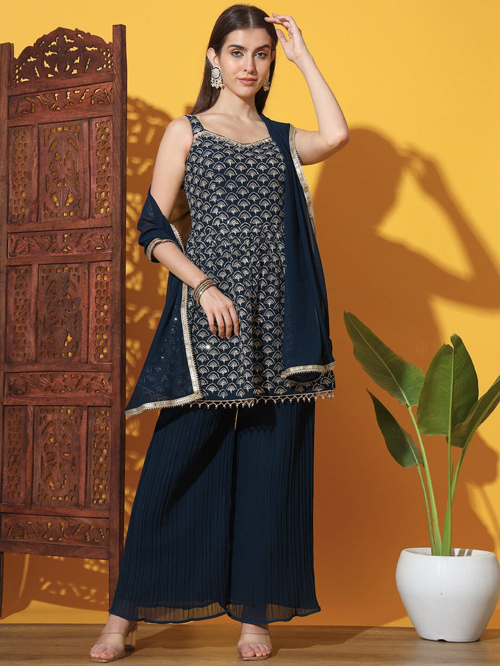 Sequin Embroidered Peplum Style Kurta Set with Pleated Pallazo
