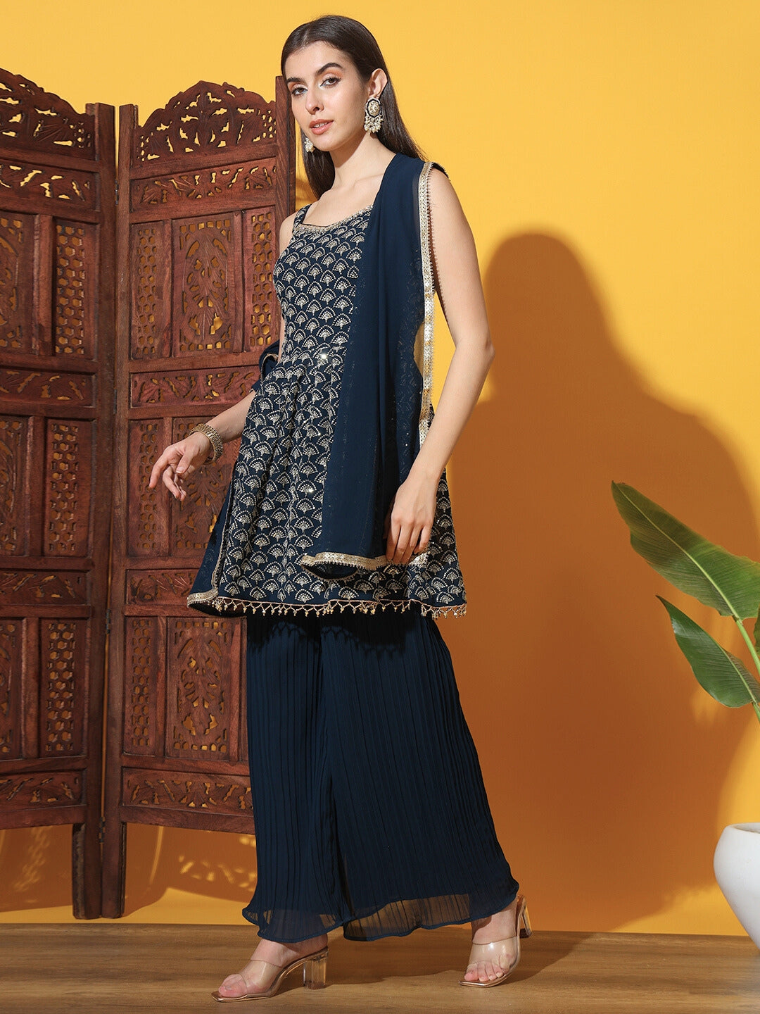 Sequin Embroidered Peplum Style Kurta Set with Pleated Pallazo