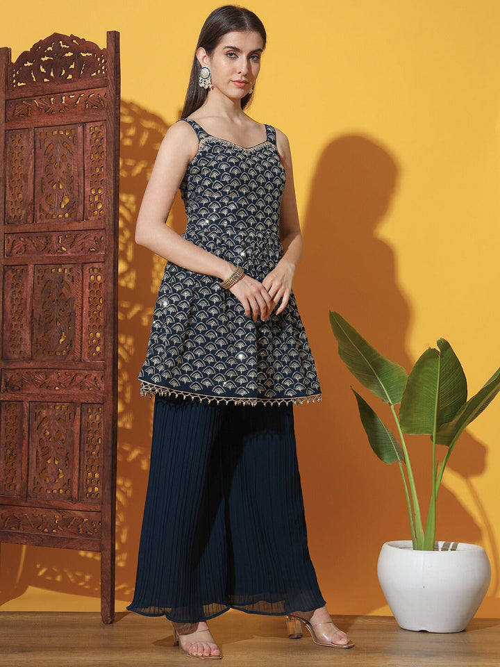 Sequin Embroidered Peplum Style Kurta Set with Pleated Pallazo