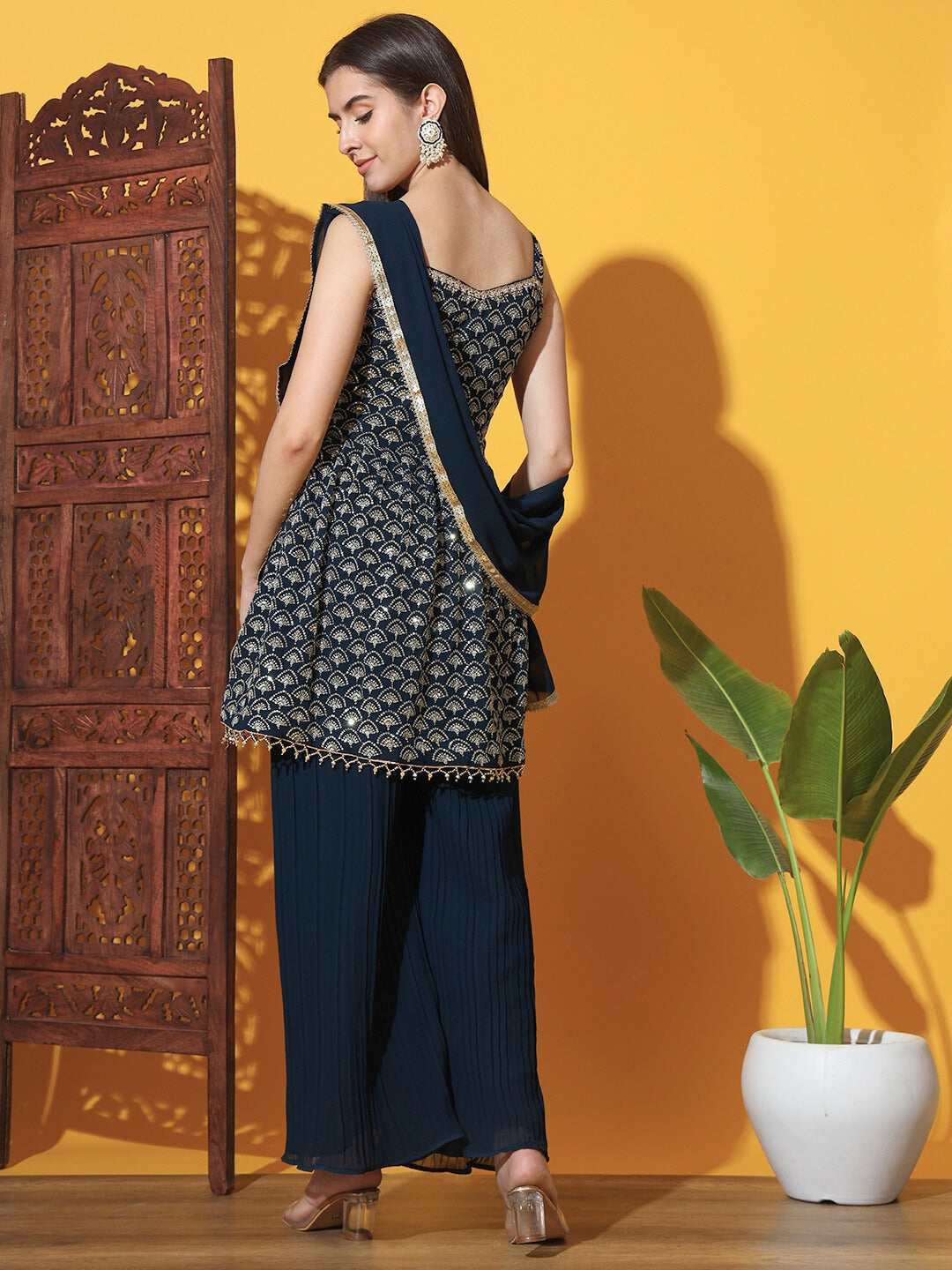 Sequin Embroidered Peplum Style Kurta Set with Pleated Pallazo
