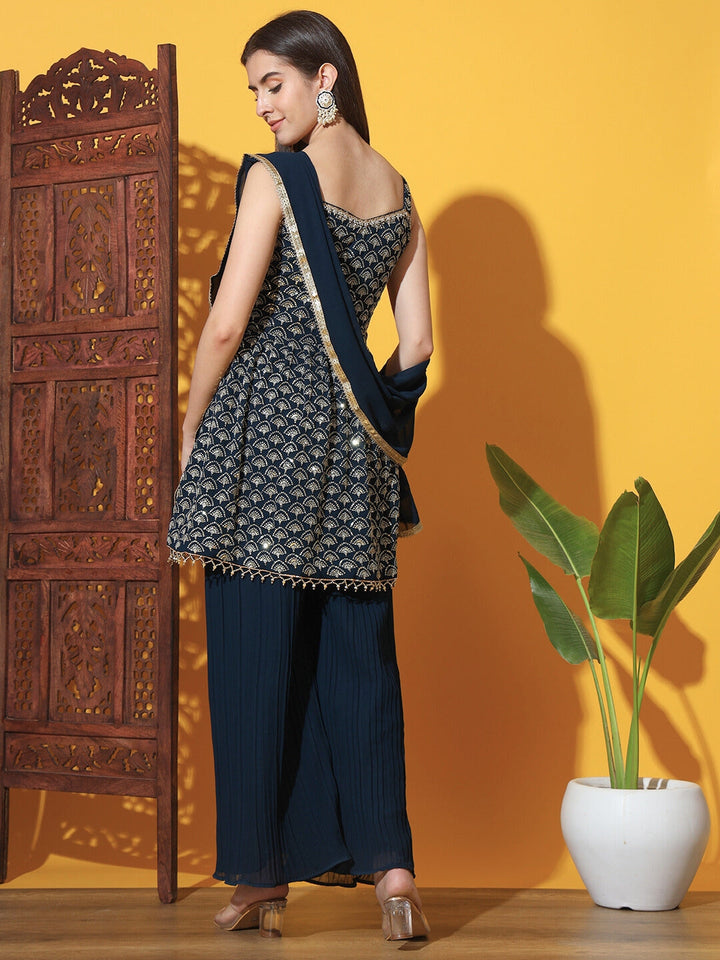 Sequin Embroidered Peplum Style Kurta Set with Pleated Pallazo