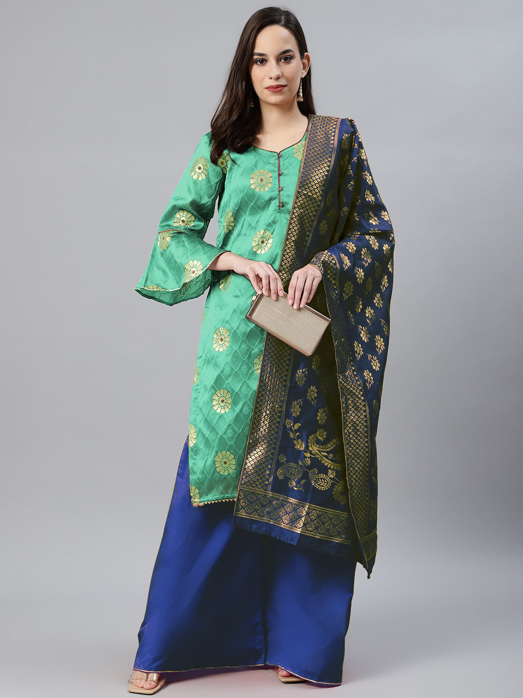 Banarasi Silk Unstitch Suit with Zari weaving Embossed Floral Pattern