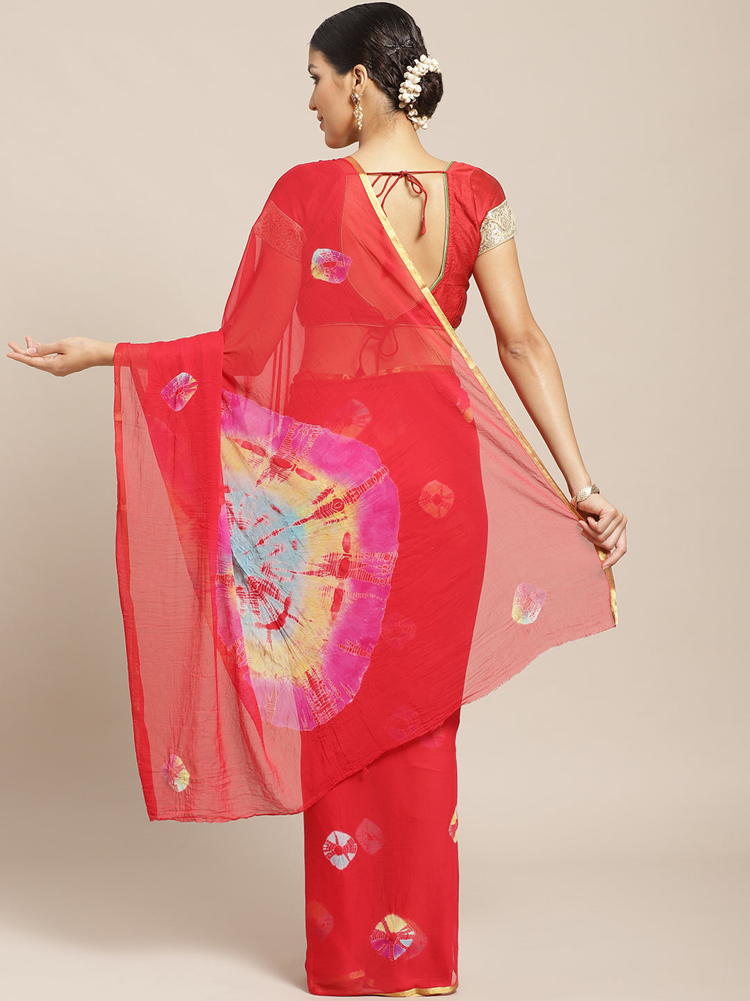 Chiffon Bandhani Saree with Gharcola pattern and Zari Gold Border