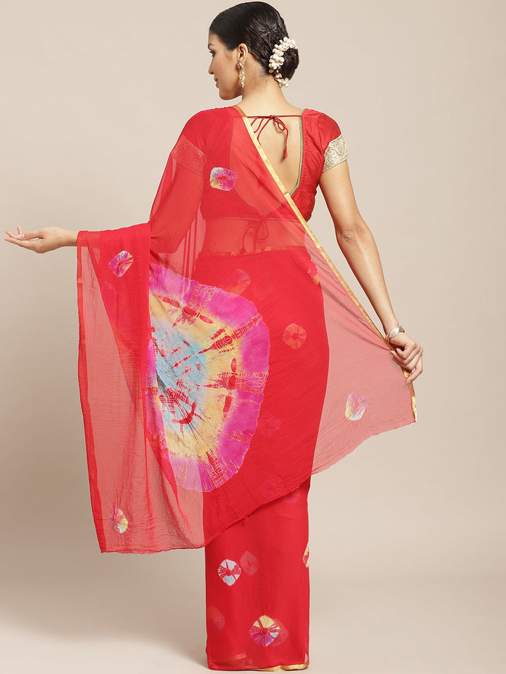 Chiffon Bandhani Saree with Gharcola pattern and Zari Gold Border