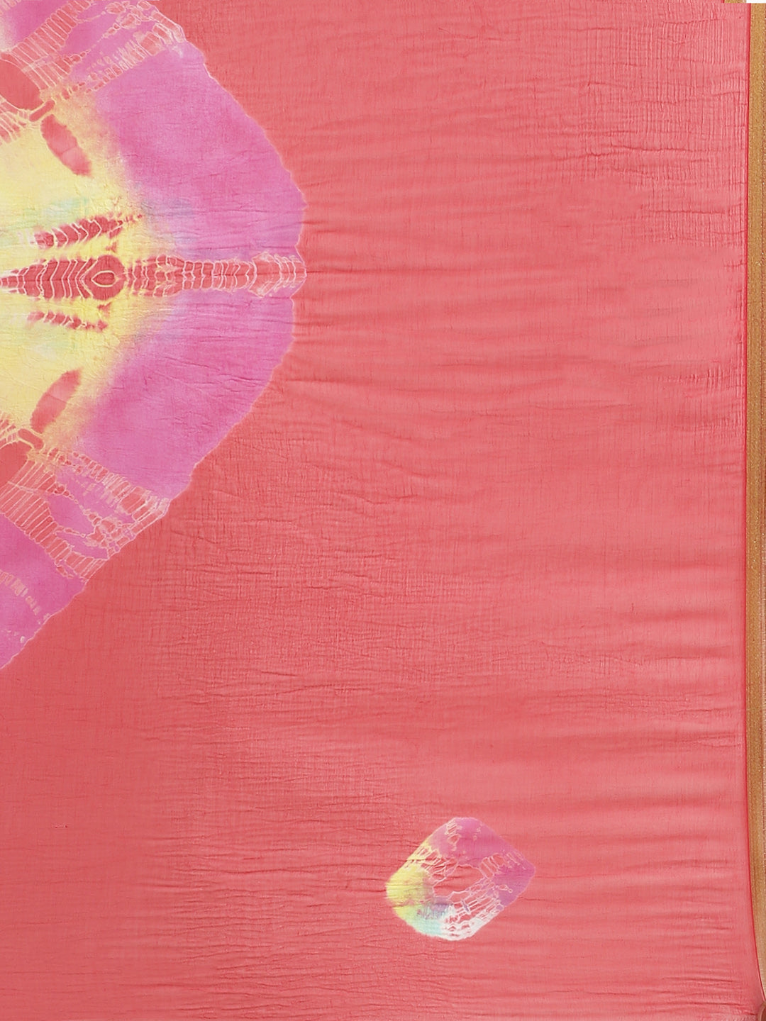 Chiffon Bandhani Saree with Gharcola pattern and Zari Gold Border