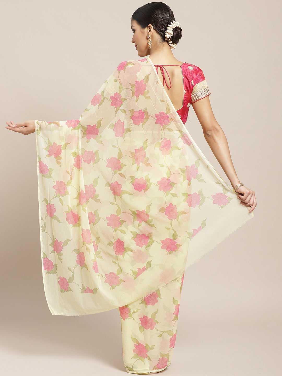 Pastel Yellow Summer Chiffon Saree with Contemporary Floral Prints and Gold Zari Border