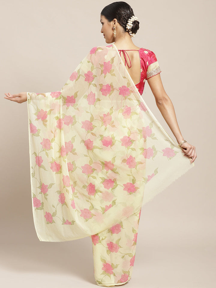 Pastel Yellow Summer Chiffon Saree with Contemporary Floral Prints and Gold Zari Border