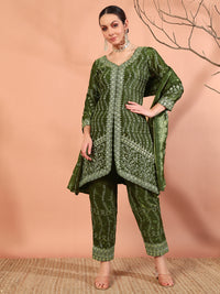Zari Beads & Sequin Embellished Jacket Style Kurta Pant Set with Embroidery Dupatta