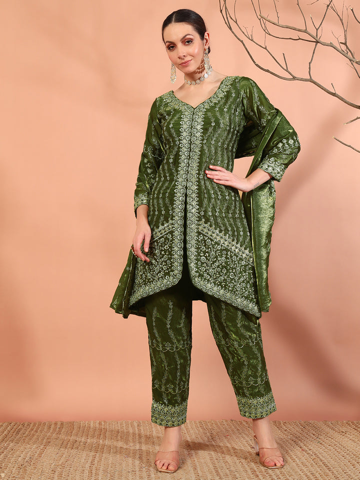 Zari Beads & Sequin Embellished Jacket Style Kurta Pant Set with Embroidery Dupatta