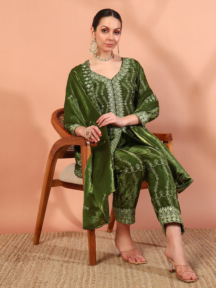 Zari Beads & Sequin Embellished Jacket Style Kurta Pant Set with Embroidery Dupatta