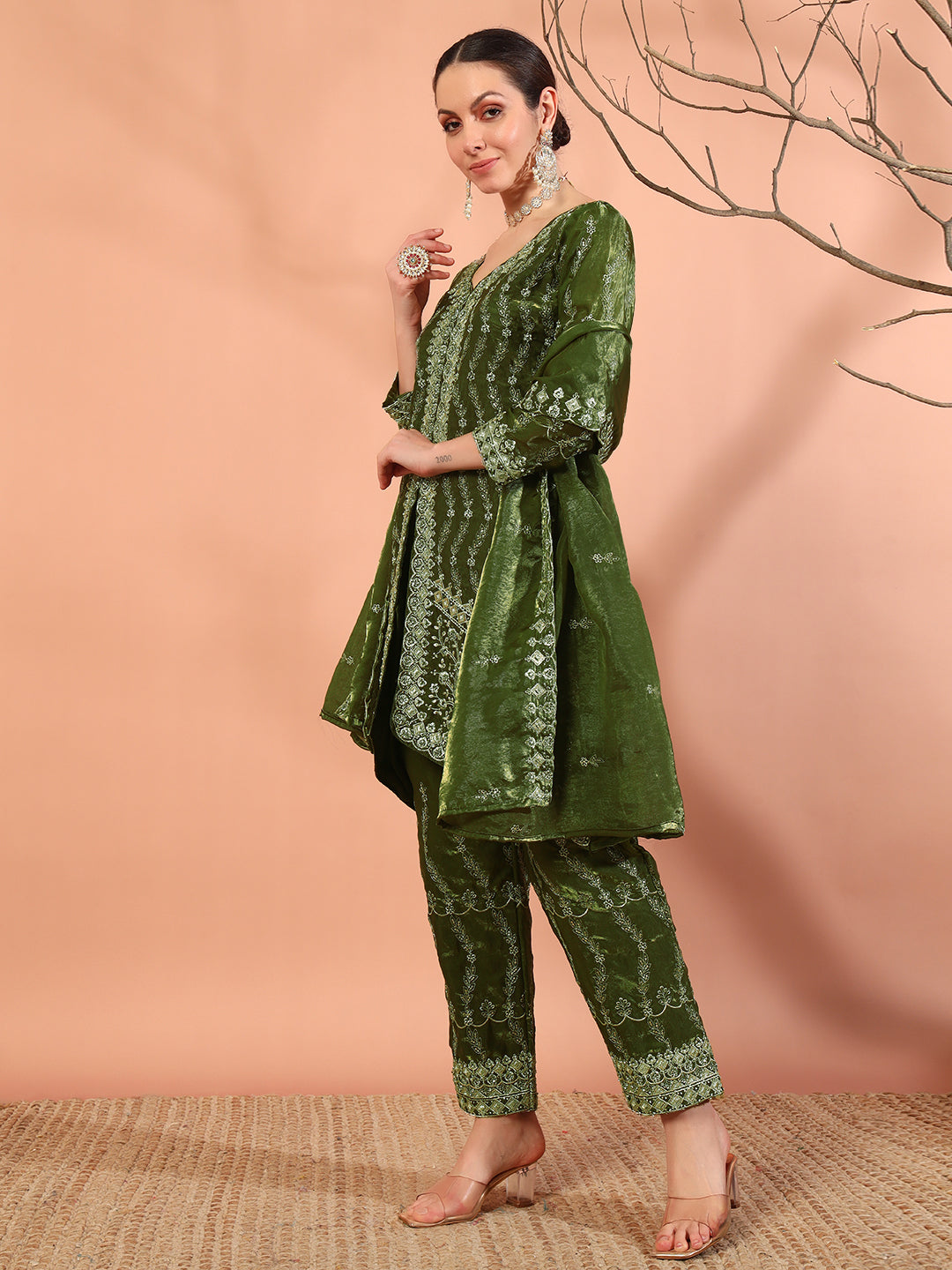 Zari Beads & Sequin Embellished Jacket Style Kurta Pant Set with Embroidery Dupatta