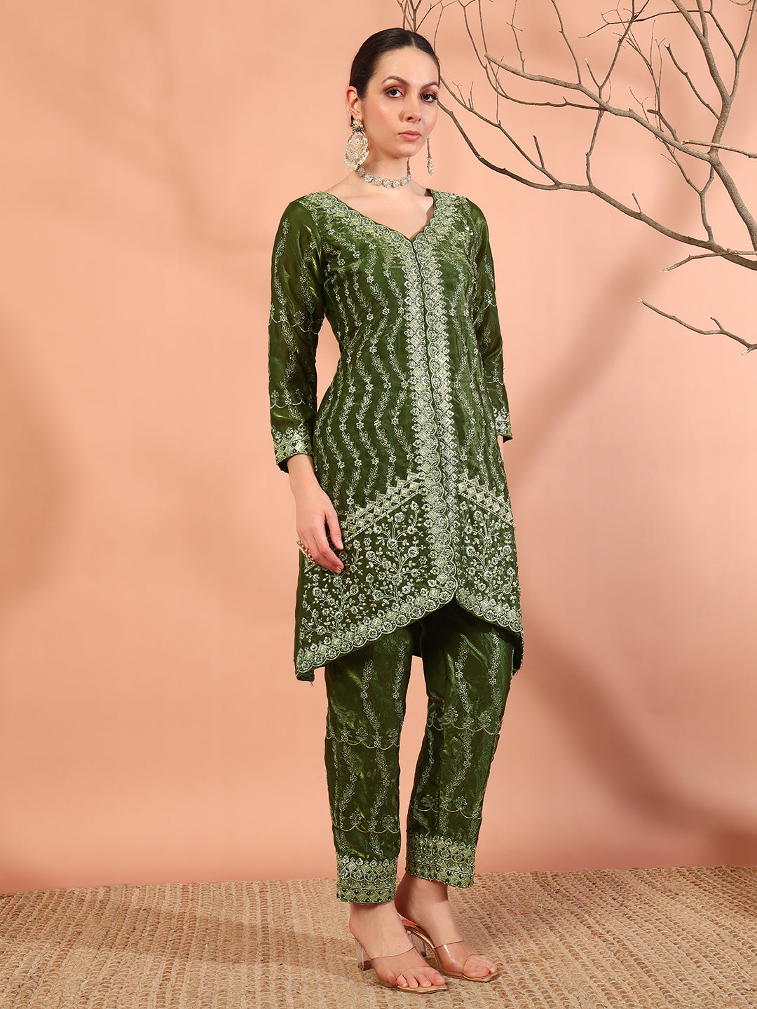 Zari Beads & Sequin Embellished Jacket Style Kurta Pant Set with Embroidery Dupatta