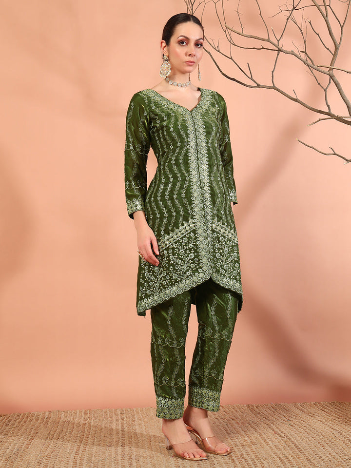 Zari Beads & Sequin Embellished Jacket Style Kurta Pant Set with Embroidery Dupatta