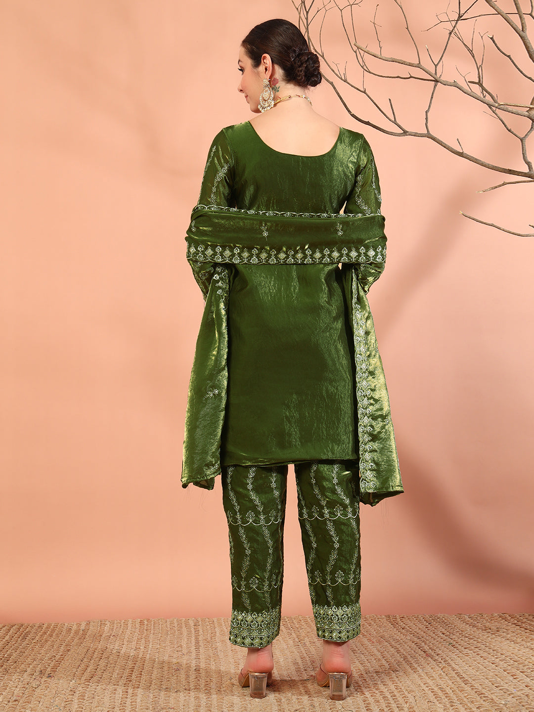 Zari Beads & Sequin Embellished Jacket Style Kurta Pant Set with Embroidery Dupatta