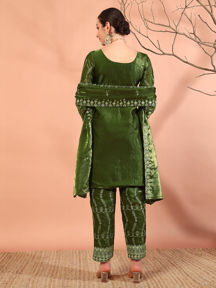 Zari Beads & Sequin Embellished Jacket Style Kurta Pant Set with Embroidery Dupatta