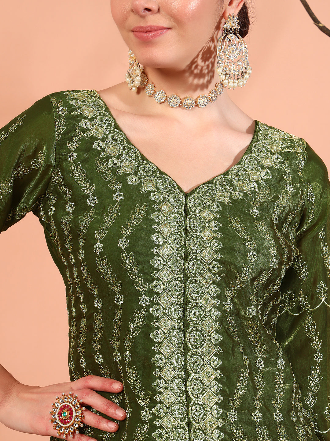 Zari Beads & Sequin Embellished Jacket Style Kurta Pant Set with Embroidery Dupatta