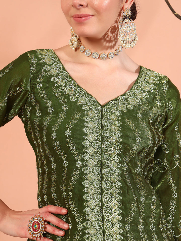 Zari Beads & Sequin Embellished Jacket Style Kurta Pant Set with Embroidery Dupatta