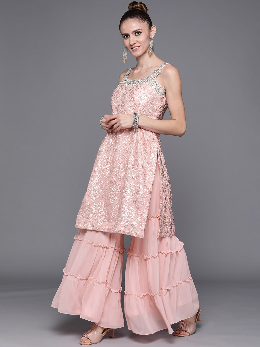 Made to Measure Pastel Resham Embroidered  Sharara Suit Set With Embellished Neckline