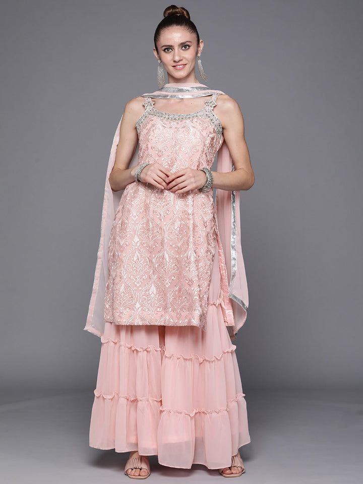 Made to Measure Pastel Resham Embroidered  Sharara Suit Set With Embellished Neckline