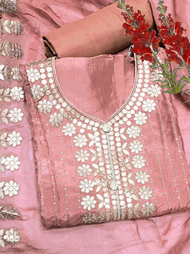 Gota Patti & Resham Embroidery Semi-stitched Punjabi Suit with Striped Sequinned Pattern