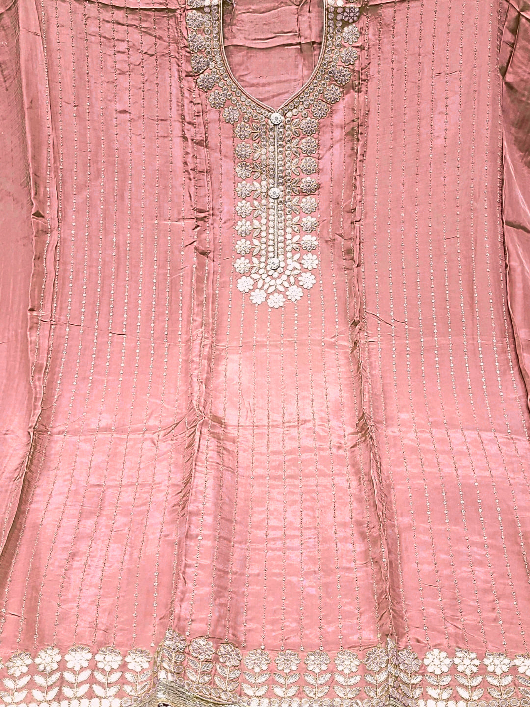 Gota Patti & Resham Embroidery Semi-stitched Punjabi Suit with Striped Sequinned Pattern