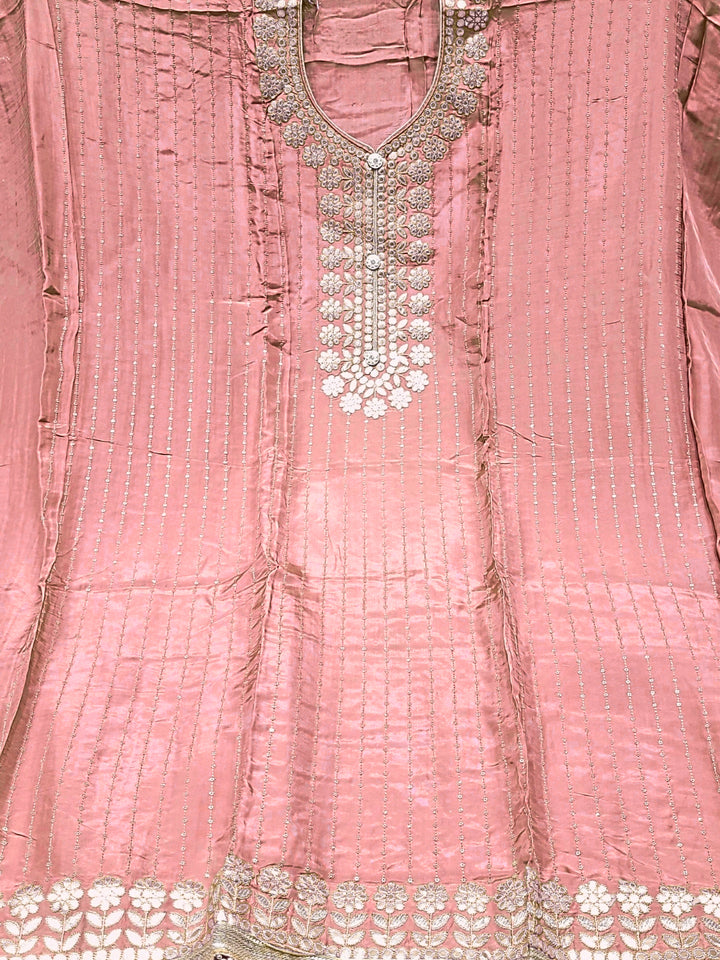 Gota Patti & Resham Embroidery Semi-stitched Punjabi Suit with Striped Sequinned Pattern