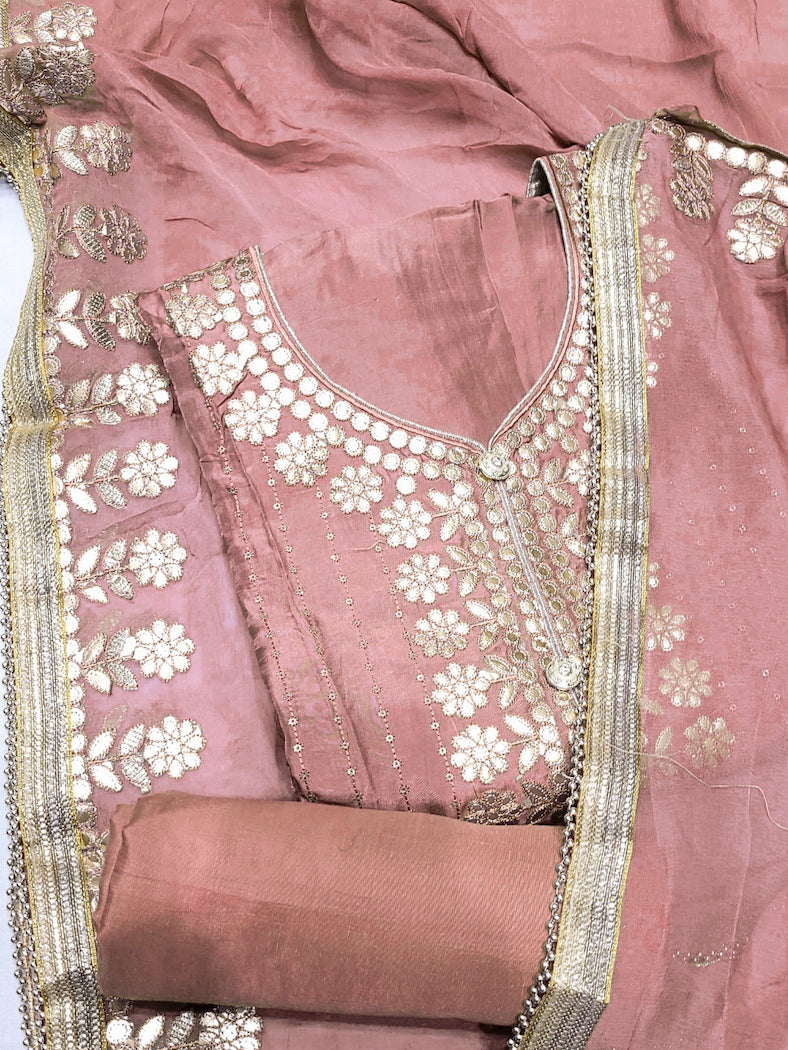 Gota Patti & Resham Embroidery Semi-stitched Punjabi Suit with Striped Sequinned Pattern