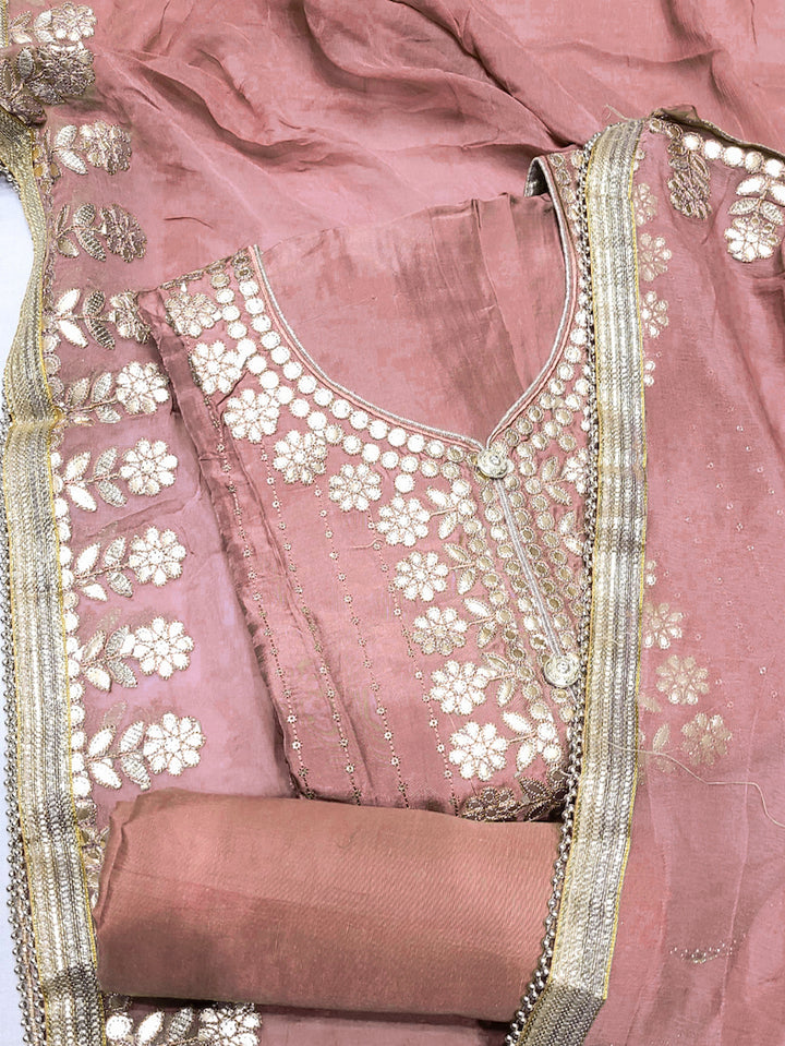 Gota Patti & Resham Embroidery Semi-stitched Punjabi Suit with Striped Sequinned Pattern