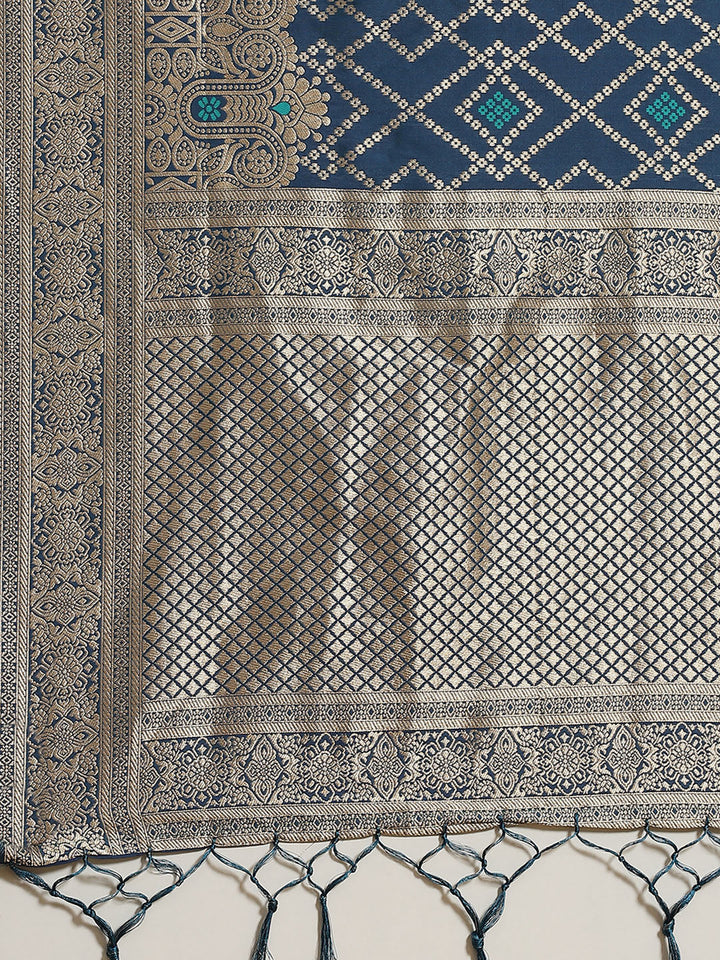 Blue Ikat pattern Banarasi Saree with Resham & Zari Weaving